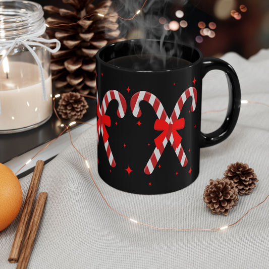 Candy Cane Black Ceramic Mug – Festive Christmas Coffee Cup with Red Bow Design
