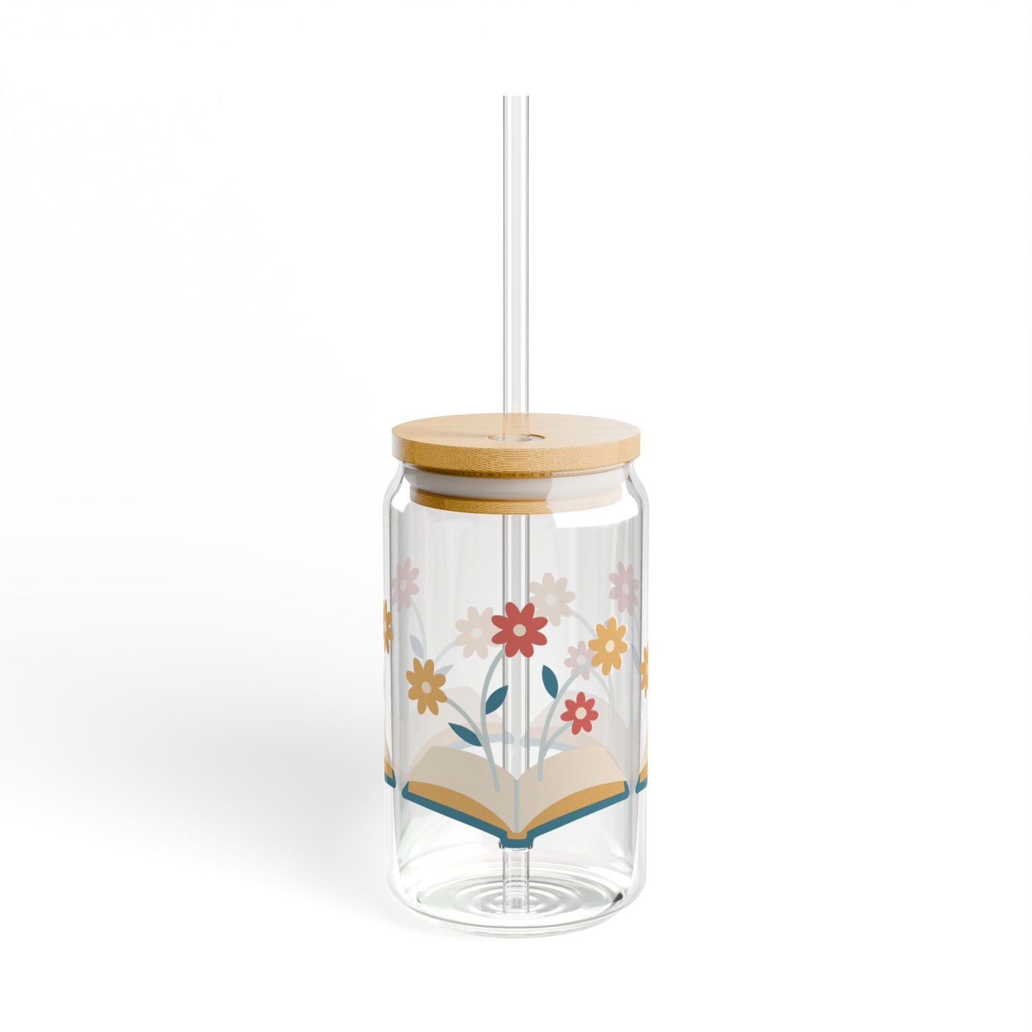 Floral Book Glass, 16oz Book Lover Sipper Cup with Bamboo Lid & Straw, Aesthetic Reading Gift, Cozy Iced Coffee Glass for Readers