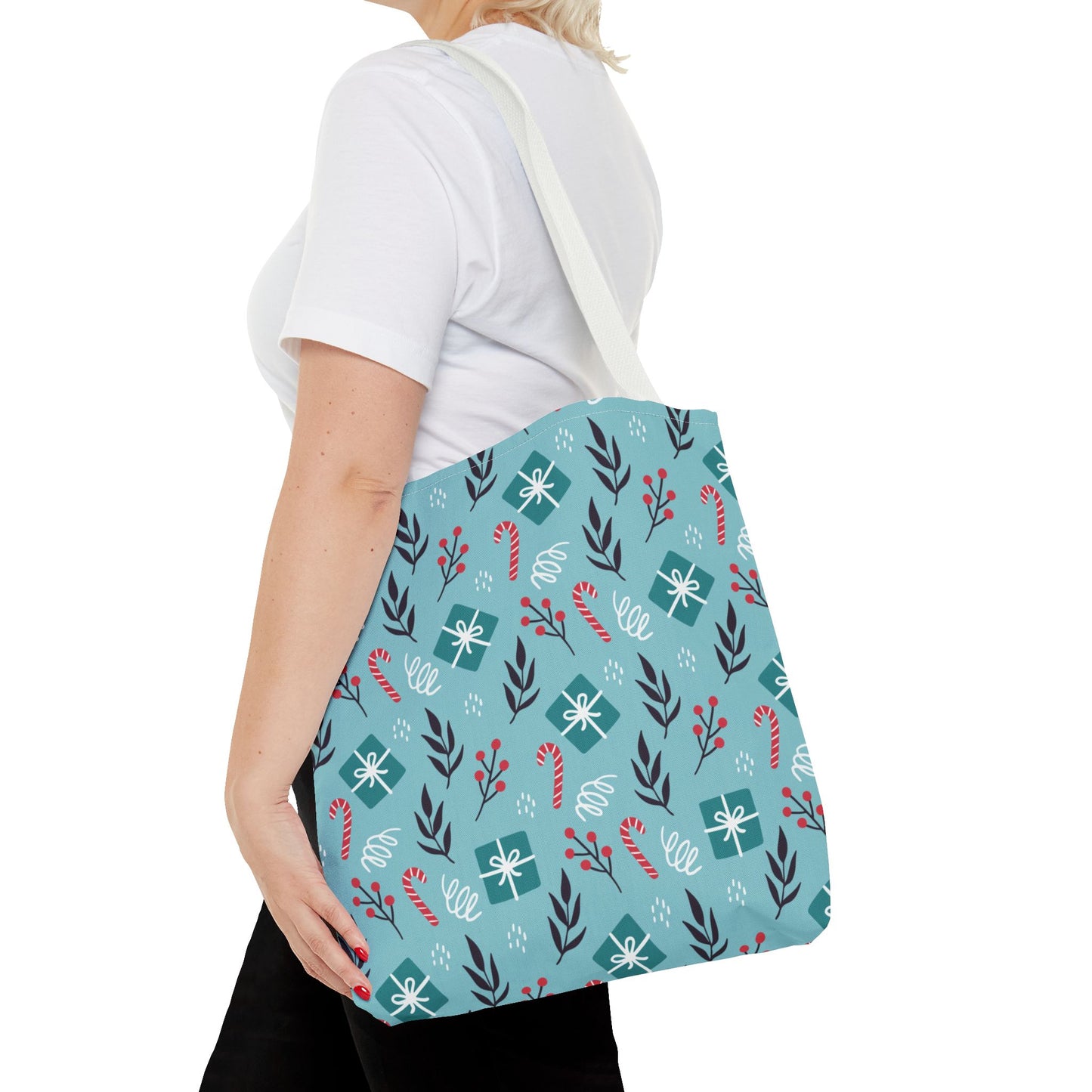 Holiday Gift Pattern Tote Bag – Teal Christmas Candy Cane & Berry Design