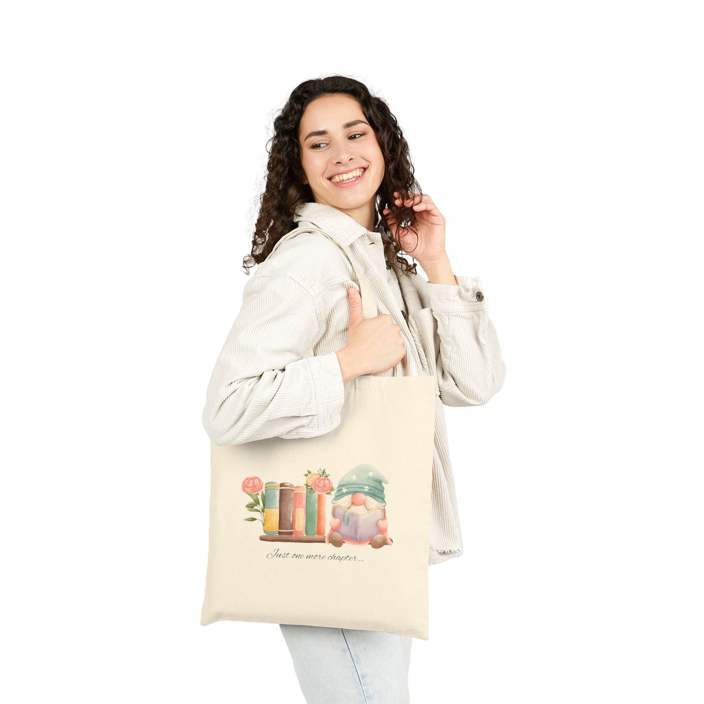 Just One More Chapter Gnome Book Lover Canvas Tote Bag, Eco-Friendly Shopping, Gifts for Readers, Mother's Day, Book Clubs