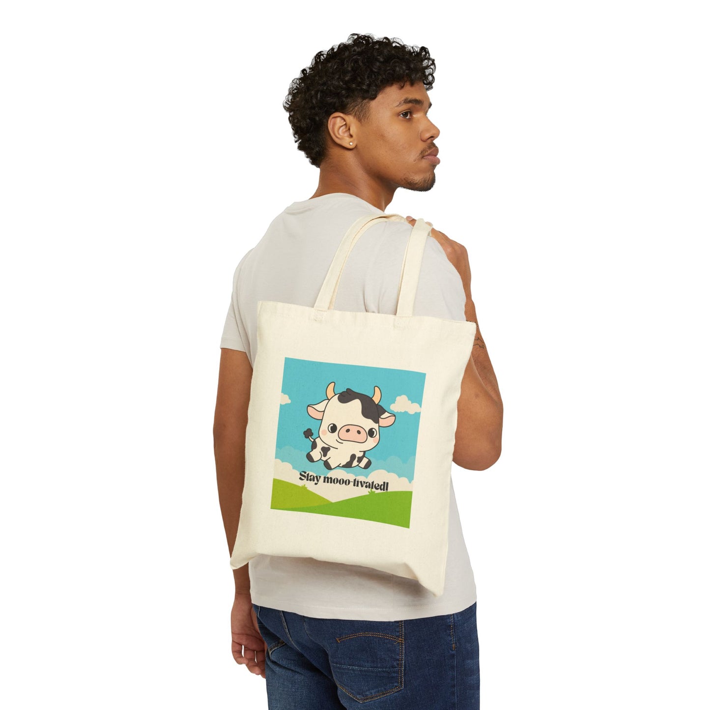 Cute Cow Tote Bag - Stay Moo-tivated, Canvas Shopping Bag, Farm Animal Lover Gift, Eco-Friendly Grocery Bag, Fun Beach Tote, Unique Gift