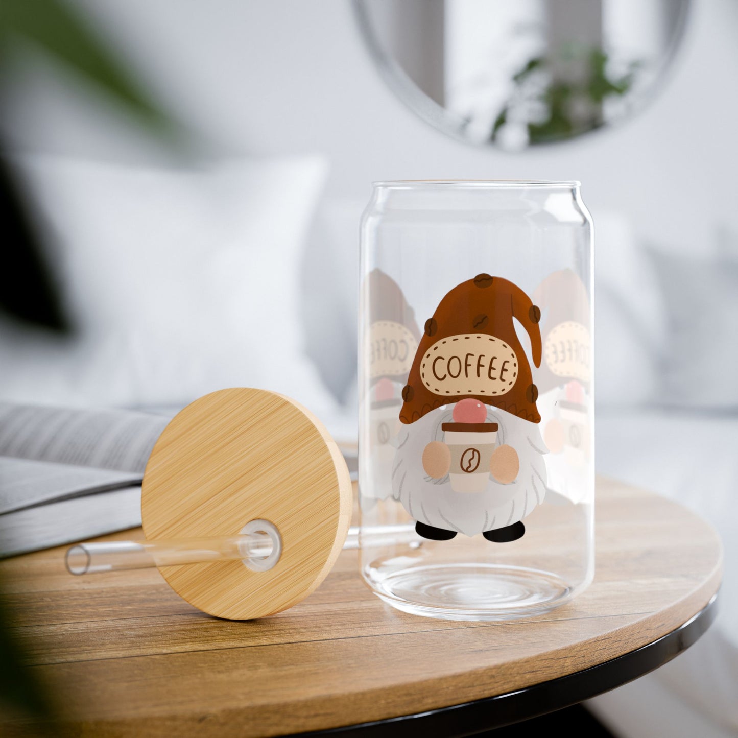 Gnome Coffee Sipper Glass, 16oz, Cute Drinkware, Coffee Lover Gift, Fun Kitchen Decor,  Eco-friendly Beverage Container