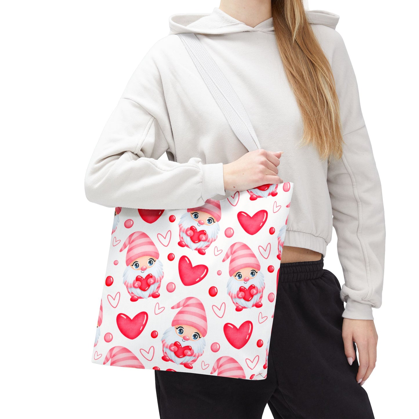 Cute Pink Gnome Tote Bag, Reusable Heart Grocery Bag, Love Themed Purse, AOP Shopping Tote, Valentine's Gift Idea