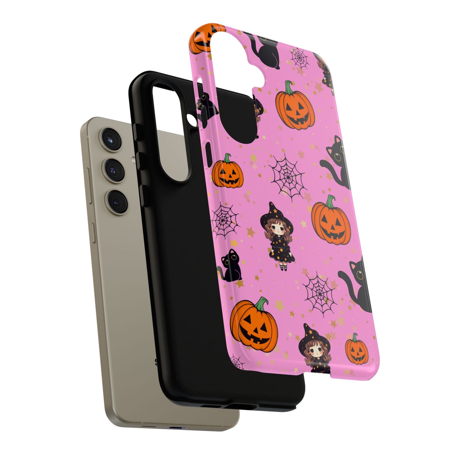 Pink Halloween Phone Case, Cute Witch and Cat Design, Spooky Fall Decor, Perfect Halloween Gift, Cute Cell Phone Case, Fun Pumpkin Design