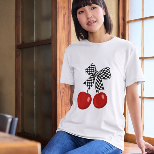 Cherry Bow Unisex Heavy Cotton Tee, Cute Graphic Tee, Casual Wear, Summer Shirt, Perfect Gift, Retro Style Tee