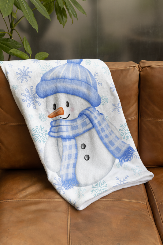 Cozy Blue Snowman Velveteen Plush Blanket | Winter Decor, Gift for Kids, Holiday Snuggle Blanket, Soft Warm Home Accessory, Seasonal Throw