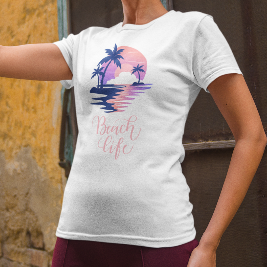 Beach Life Sunset Shirt, Women's Short Sleeve Tee with Beach Scene, Summer Vacation Graphic T-Shirt, Gift for Her