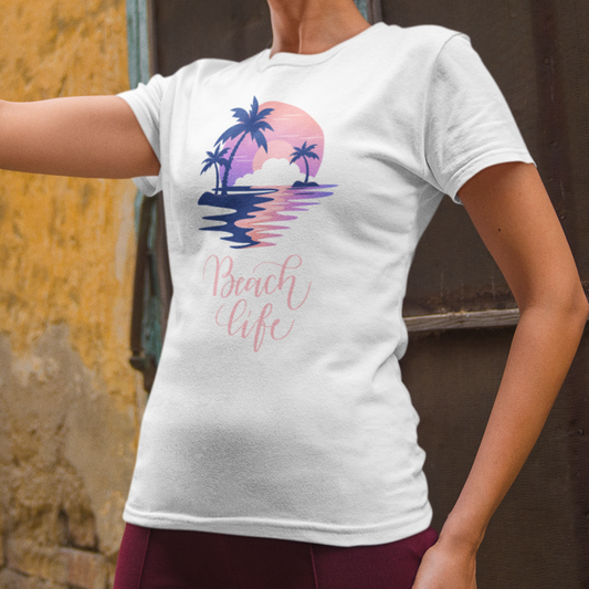 Beach Life Sunset Shirt, Women's Short Sleeve Tee with Beach Scene, Summer Vacation Graphic T-Shirt, Gift for Her