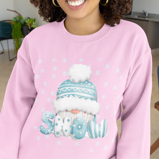 Winter Gnome "Snow" Sweatshirt, Cozy Holiday Crewneck, Cute Gnome Snowflake Graphic Top