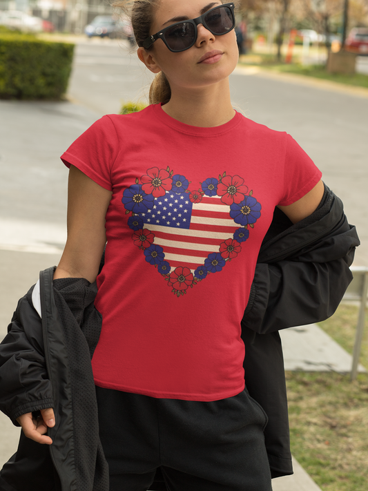 Patriotic Floral Heart Tee | Women's Softstyle USA Flag T-Shirt for Independence Day, Memorial Day, Summer Barbecues