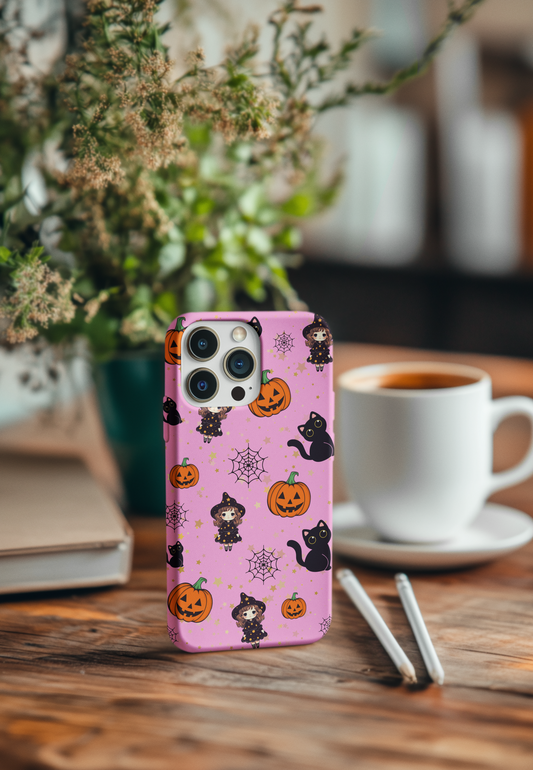 Pink Halloween Phone Case, Cute Witch and Cat Design, Spooky Fall Decor, Perfect Halloween Gift, Cute Cell Phone Case, Fun Pumpkin Design