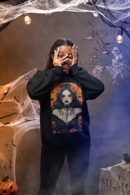 Floral Gothic Girl Halloween Sweatshirt, Cozy Crewneck for Fall, Spooky Season Apparel, Perfect for October Celebrations