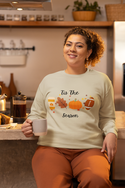 Tis The Season Fall-Themed Crewneck Sweatshirt, Cozy Autumn Apparel, Gift for Thanksgiving, Seasonal Wear, Cute Sweatshirt for Friends