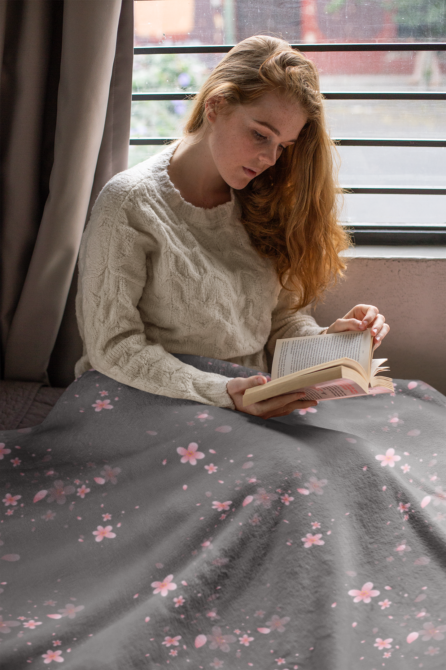 Charcoal Cherry Blossom Floral Plush Blanket - Cozy Blanket for Home Decor
