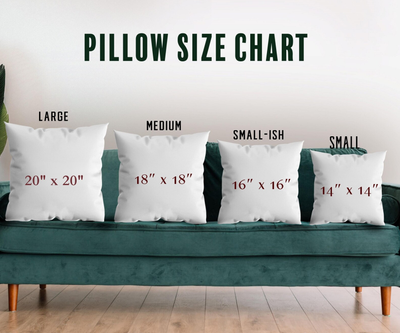 A pillow size chart showing four white throw pillows on a teal sofa labeled 20×20, 18×18, 16×16, and 14×14 to compare sizes.