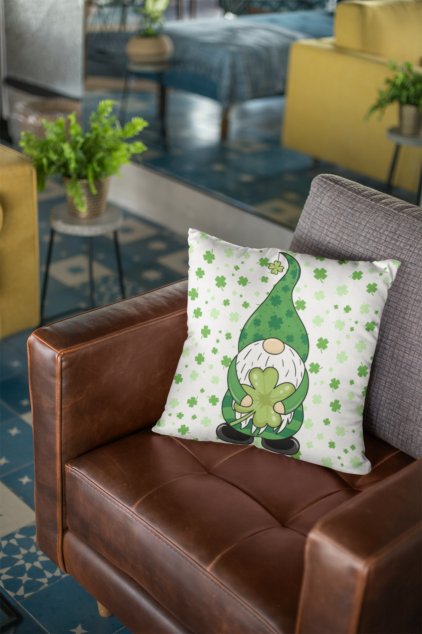 St. Patrick’s Day gnome pillow with green shamrock pattern displayed on a cozy brown armchair in a modern living room.