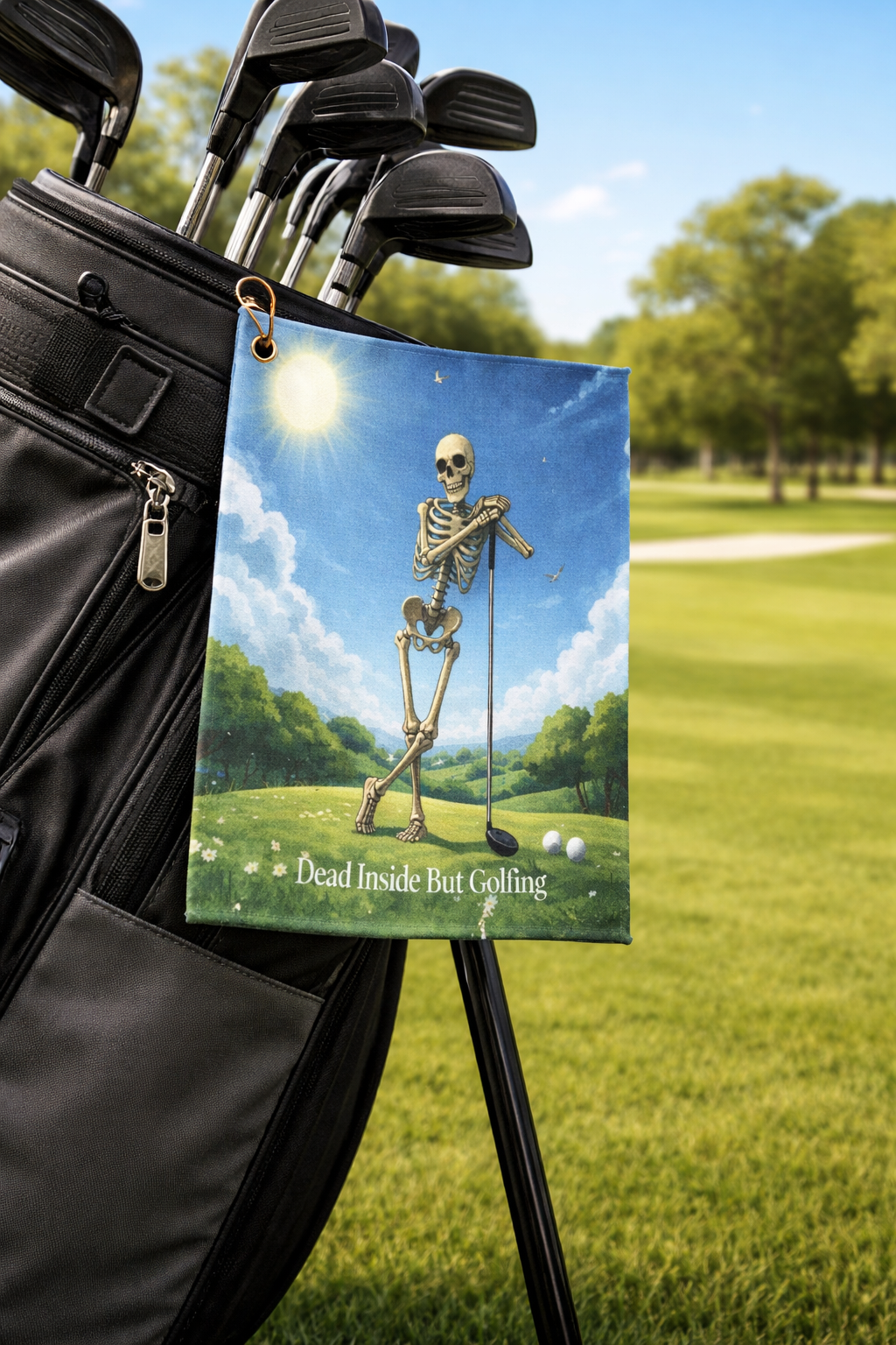 Skeleton golf towel hanging from a black golf bag on a sunny golf course, featuring the phrase ‘Dead Inside But Golfing’ and a humorous skeleton golfer design.
