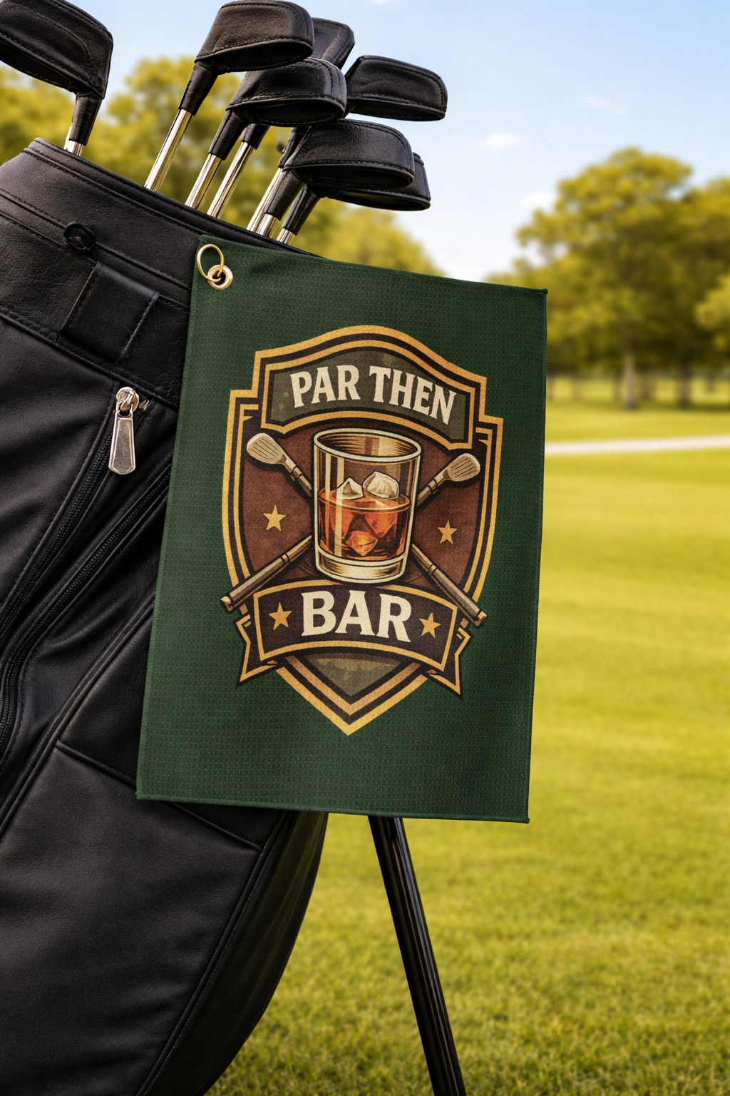 Par Then Bar golf towel hanging from a black golf bag on a sunny golf course, featuring a whiskey glass and crossed golf clubs emblem.