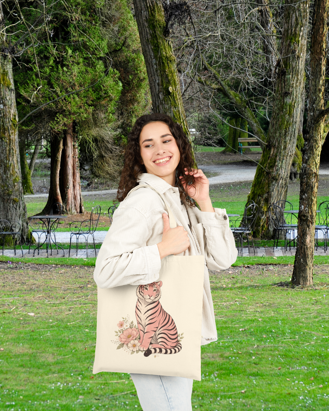 Cute pink tiger floral canvas tote bag. Durable, reusable, and perfect for spring errands, shopping, and gifting. Available in natural and black.