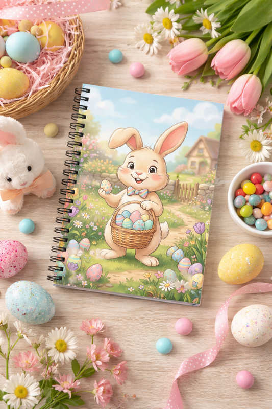 Spiral Easter bunny notebook with pastel eggs and spring flowers, perfect as an Easter basket stuffer or spring gift idea.