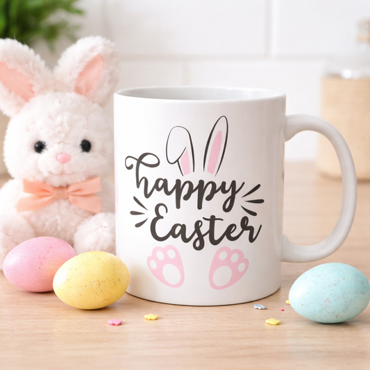 Adorable Happy Easter bunny mug with cute ears & paw prints.