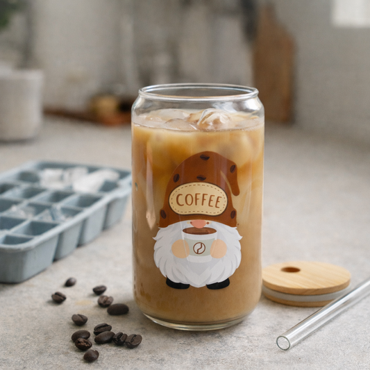 Gnome Coffee Sipper Glass, 16oz, Cute Drinkware, Coffee Lover Gift, Fun Kitchen Decor,  Eco-friendly Beverage Container