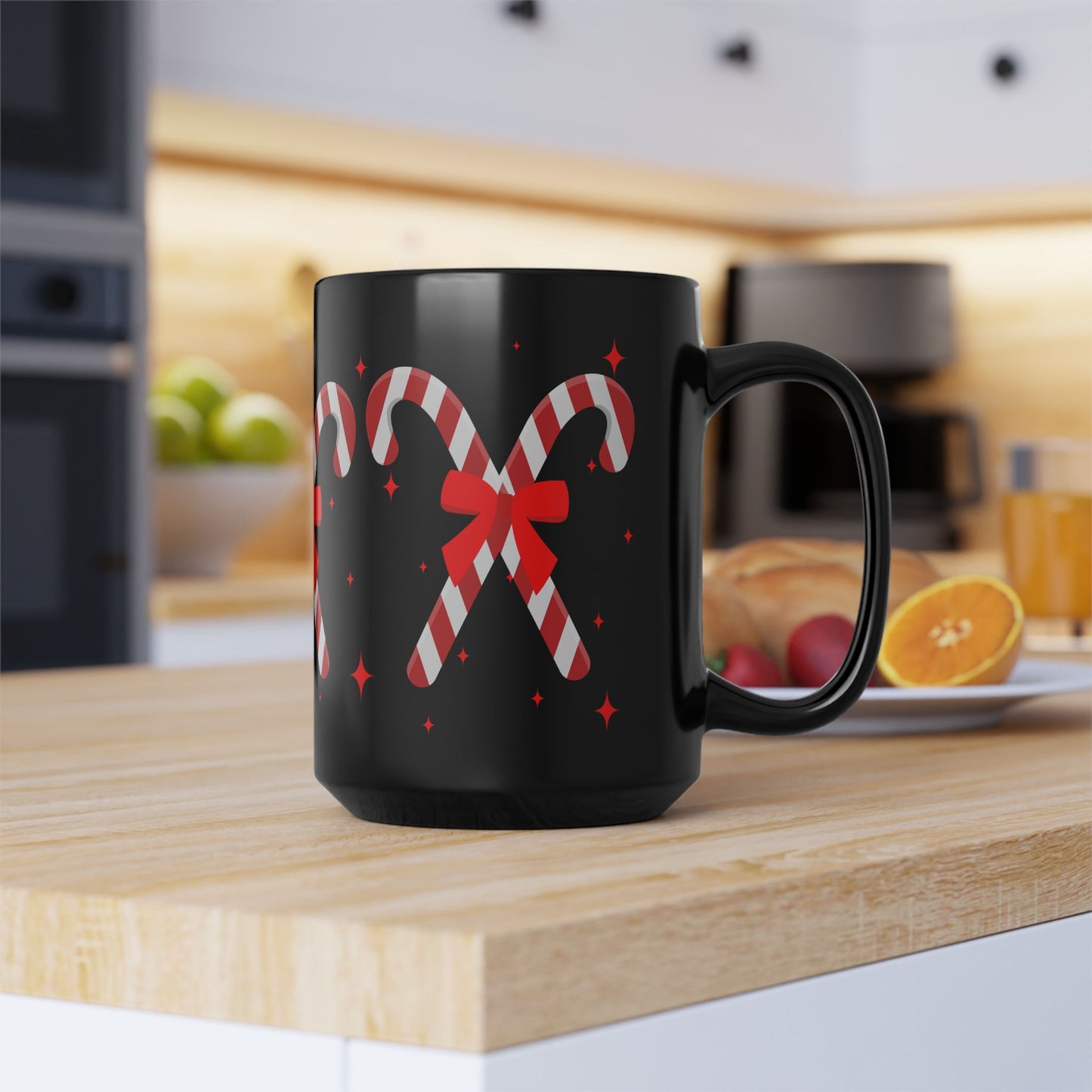 Candy Cane Black Ceramic Mug – Festive Christmas Coffee Cup with Red Bow Design