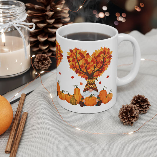 Fall Gnome Pumpkin Mug – Cozy Autumn Coffee Cup with Heart Tree Design, Perfect for Seasonal Sips & Gift Giving