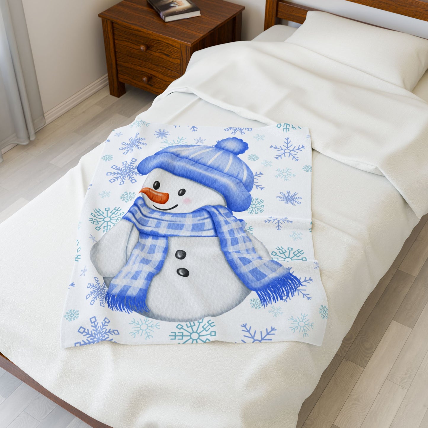Cozy Blue Snowman Velveteen Plush Blanket | Winter Decor, Gift for Kids, Holiday Snuggle Blanket, Soft Warm Home Accessory, Seasonal Throw