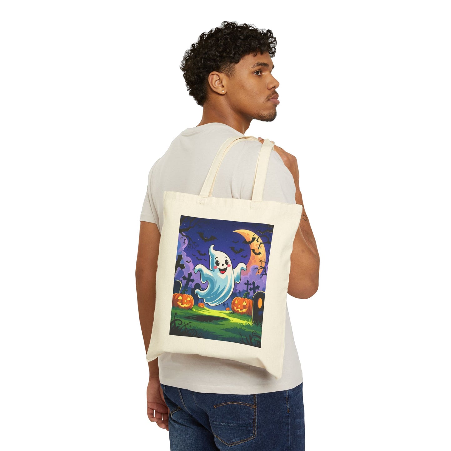 Cotton Canvas Tote Bag - Cute Cartoon Ghost Halloween Bag, Trick or Treat Bag, Halloween Party Bag, Halloween Gift, Halloween Costume