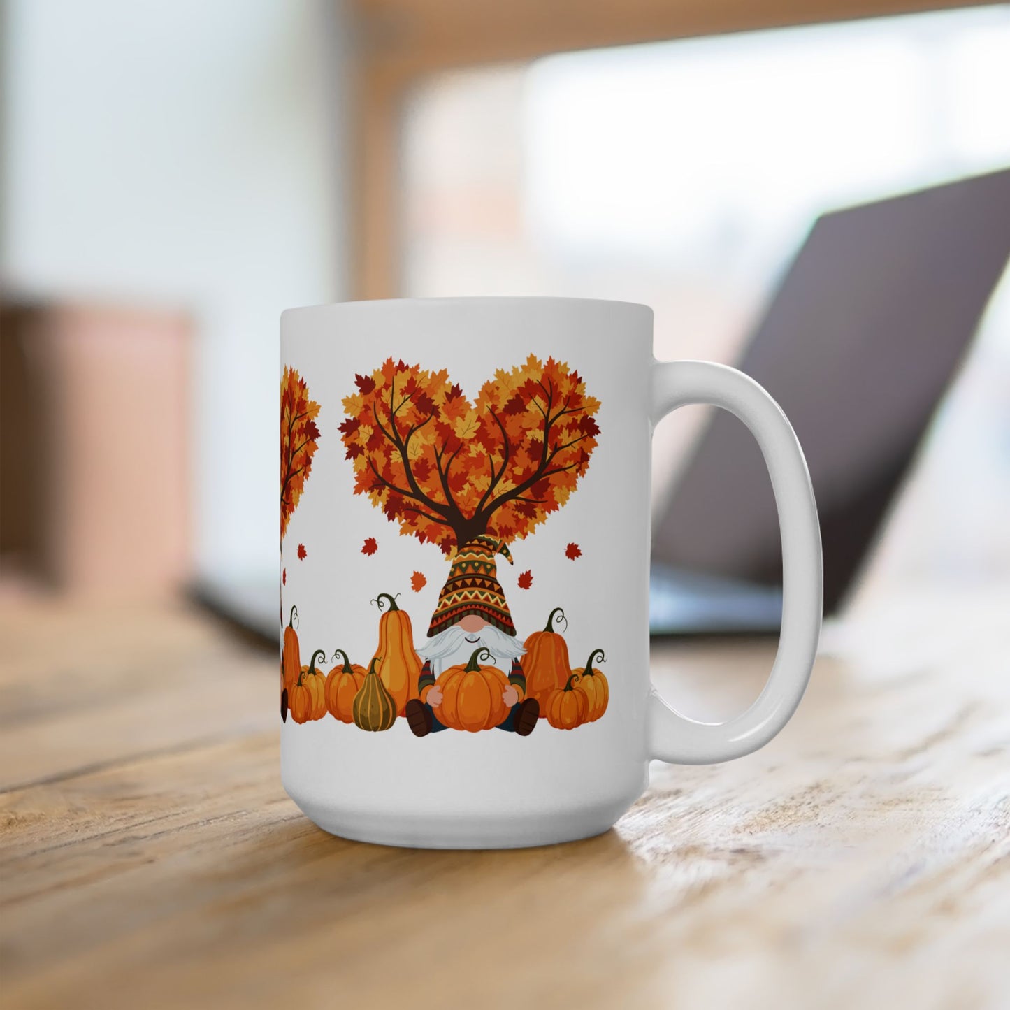 Fall Gnome Pumpkin Mug – Cozy Autumn Coffee Cup with Heart Tree Design, Perfect for Seasonal Sips & Gift Giving