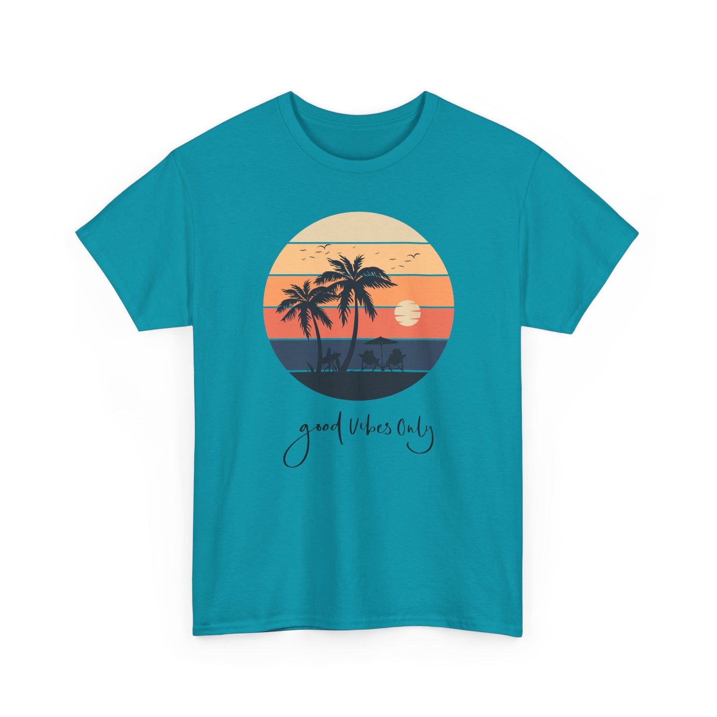 T-Shirt with Sunset Palm Graphic, Good Vibes Only Tee, Relaxed Style, Beachwear Inspiration, Summer Outfits, Vacation Casual