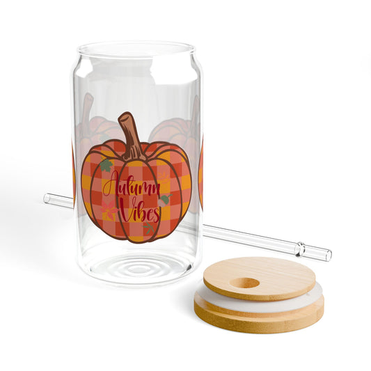 Autumn Vibes Plaid Pumpkin Sipper Glass, Fall Drinkware, Seasonal Beverage