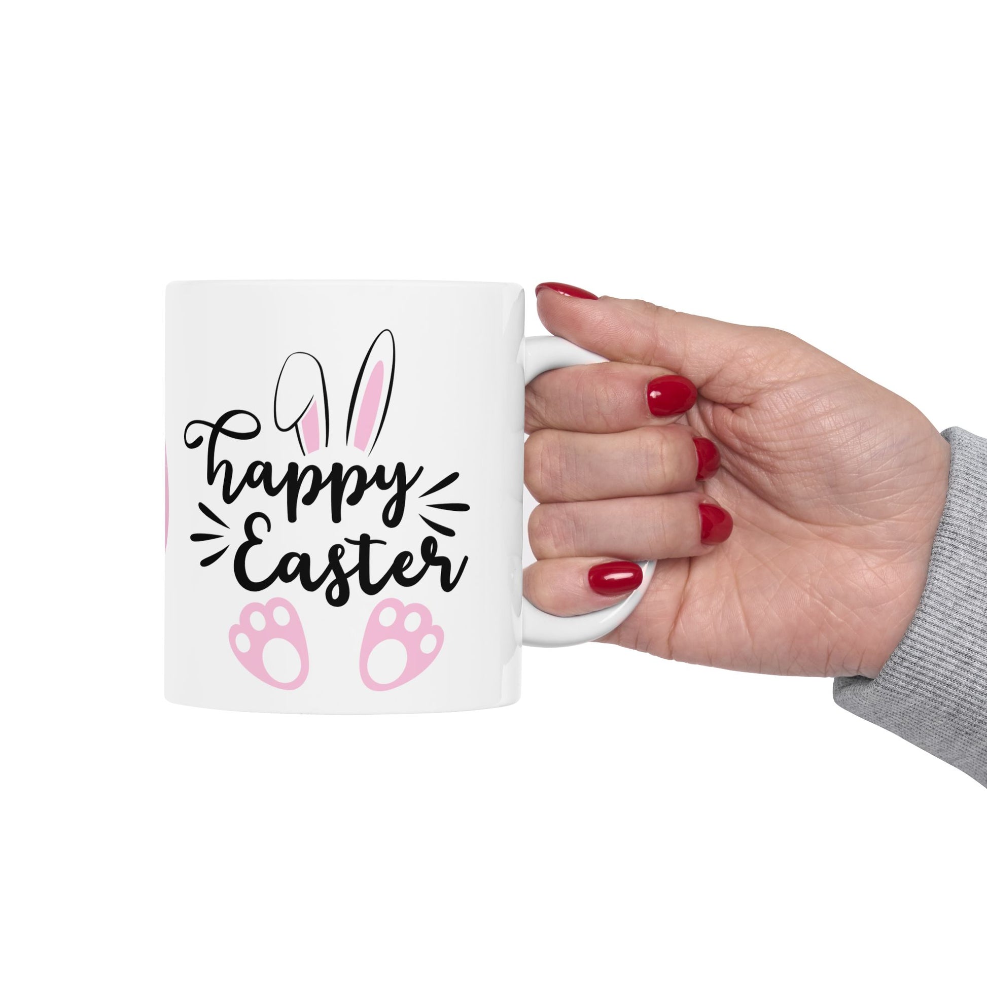 Adorable Happy Easter bunny mug with cute ears & paw prints.