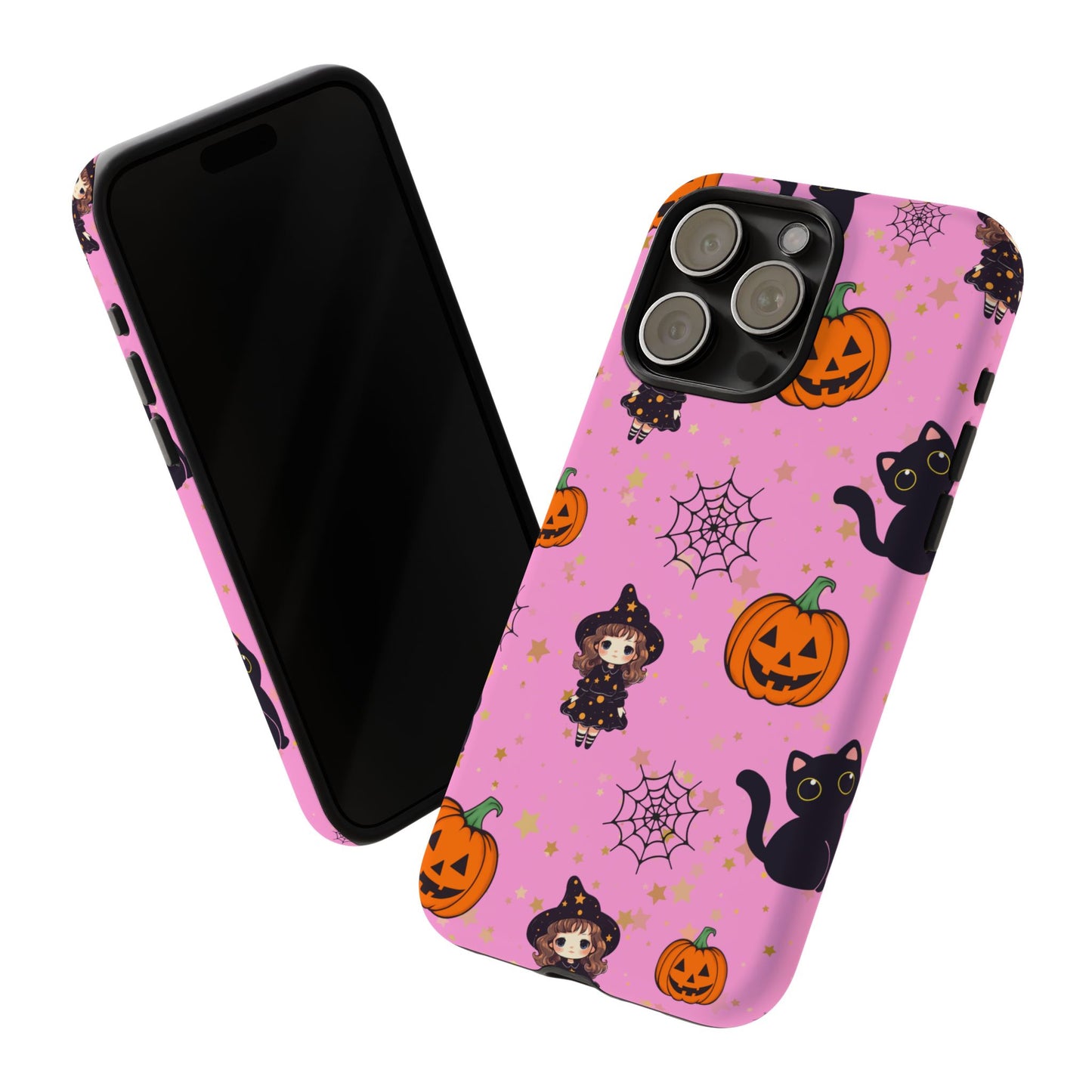 Pink Halloween Phone Case, Cute Witch and Cat Design, Spooky Fall Decor, Perfect Halloween Gift, Cute Cell Phone Case, Fun Pumpkin Design