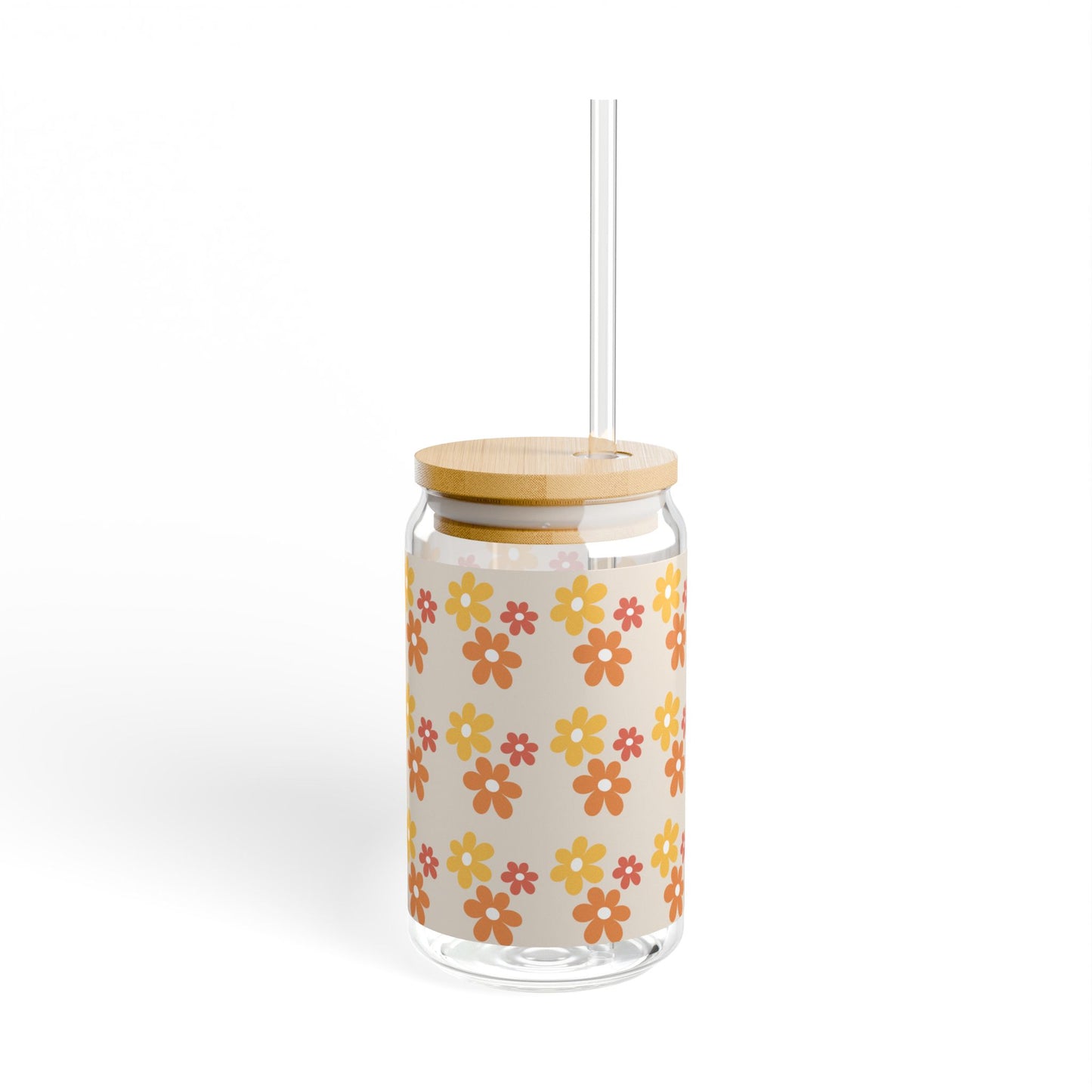 Boho Floral Sipper Glass, 16oz | Retro Drinkware, Summer Hydration, Party Favors, Kitchen Decor, Gift Idea