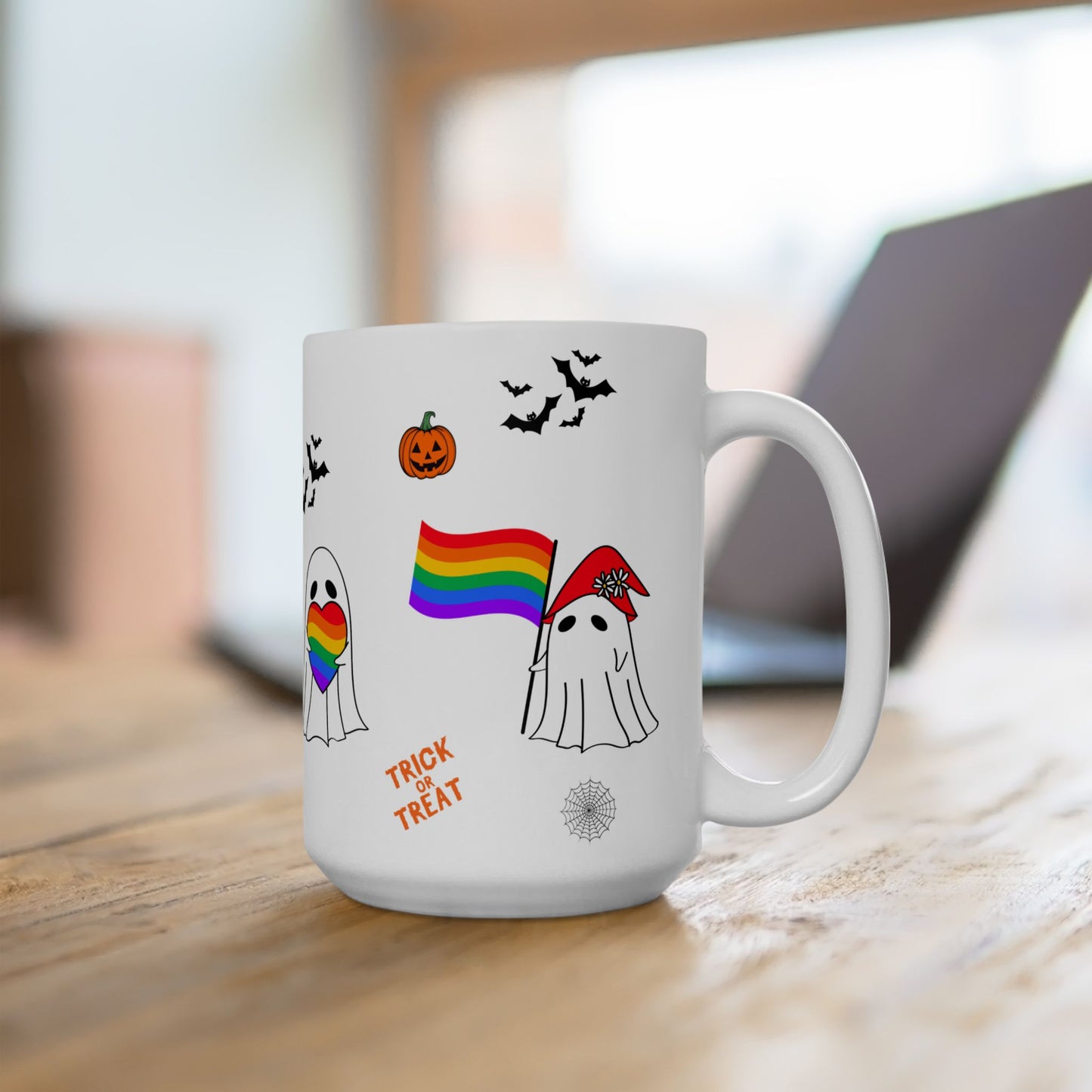 Pride Halloween Ghost Ceramic Mug, LGBTQ Coffee Mug, Rainbow Pride Tea Mug, 11oz, 15oz