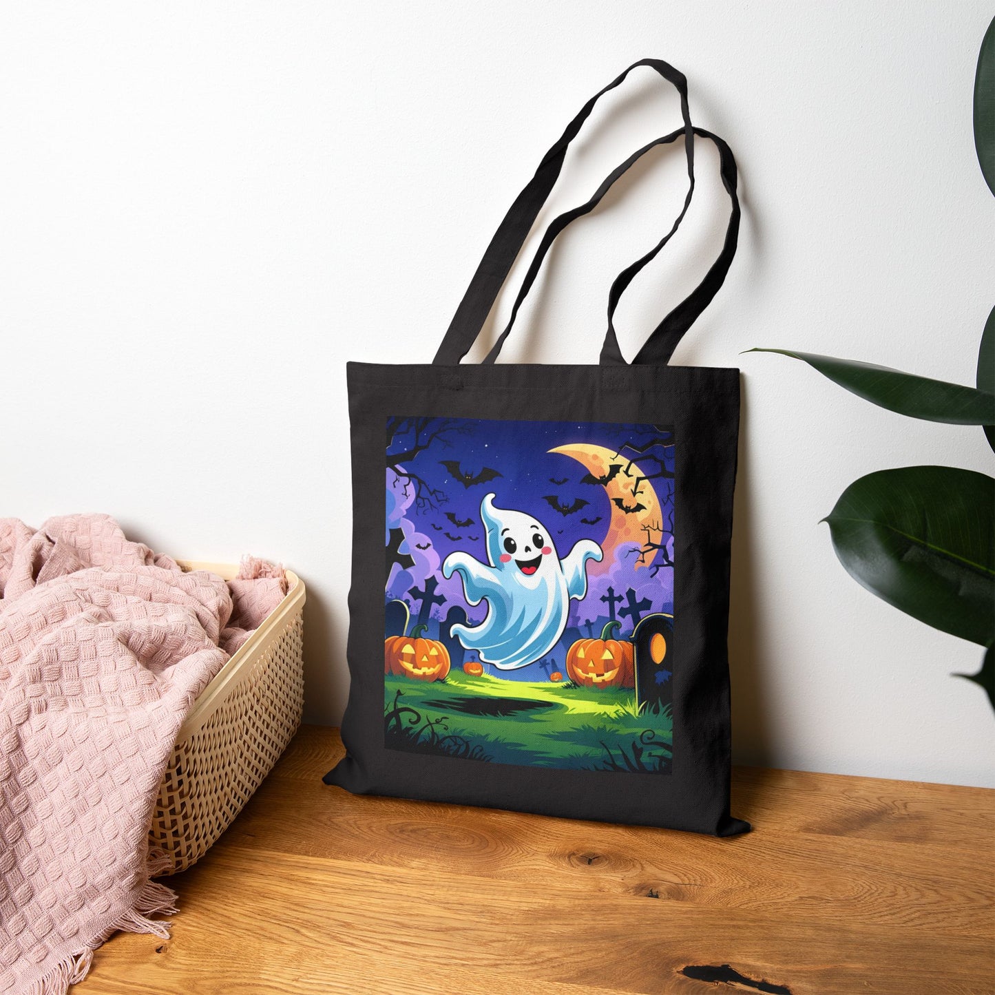 Cotton Canvas Tote Bag - Cute Cartoon Ghost Halloween Bag, Trick or Treat Bag, Halloween Party Bag, Halloween Gift, Halloween Costume