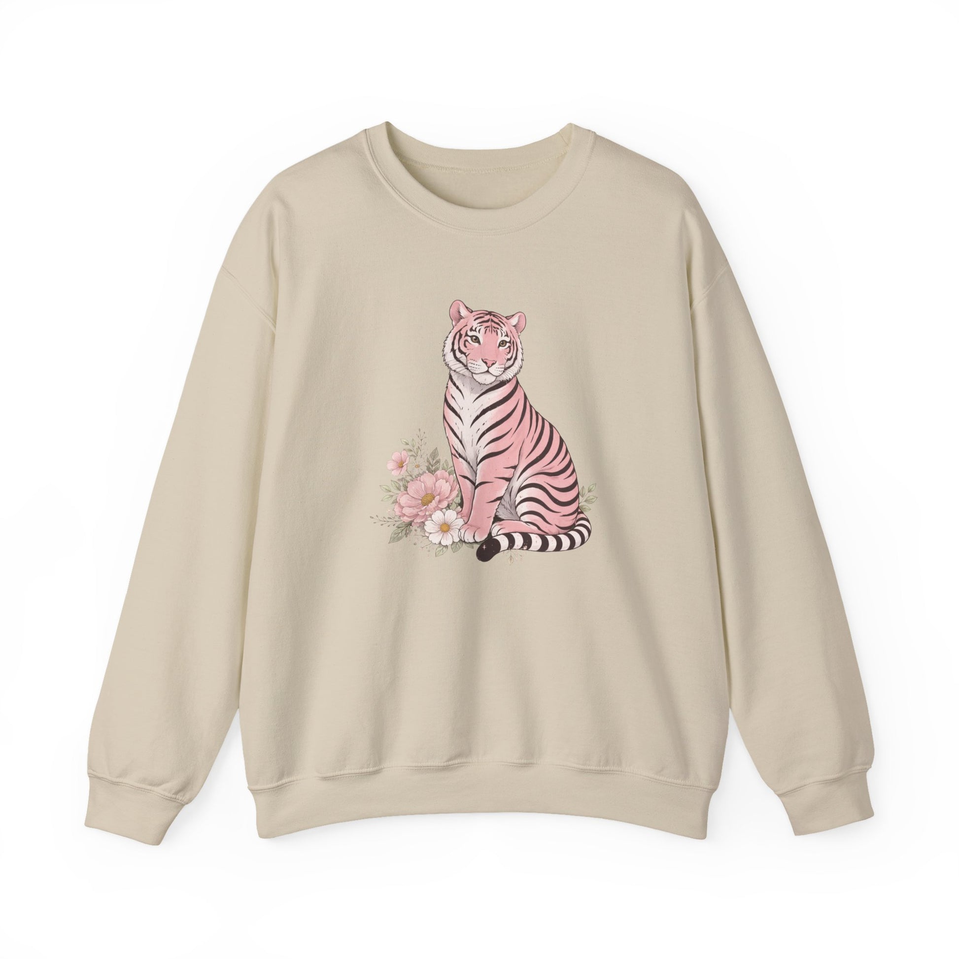 A cozy unisex sweatshirt featuring a pink tiger sitting among pastel flowers