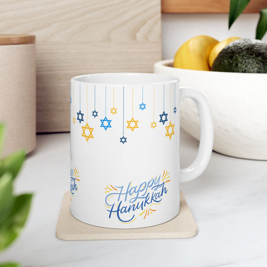 Happy Hanukkah Ceramic Mug – Blue & Gold Star of David Design, 11oz or 15oz Gift Mug 11oz or 15oz