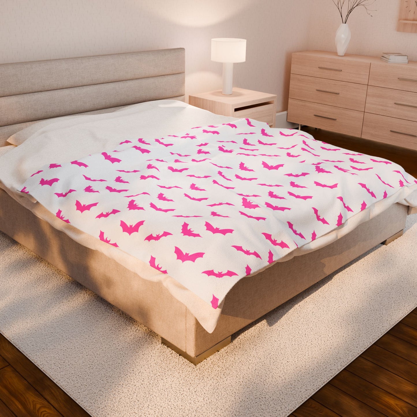Pink Bat Blanket, White Plush Throw Blanket, Cute Halloween Blanket, Cozy Soft Bat Decor Gift