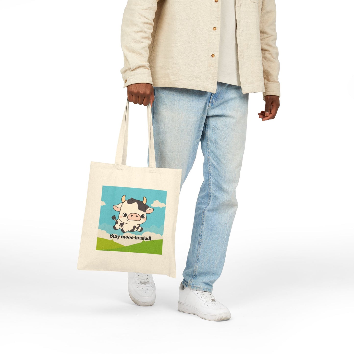 Cute Cow Tote Bag - Stay Moo-tivated, Canvas Shopping Bag, Farm Animal Lover Gift, Eco-Friendly Grocery Bag, Fun Beach Tote, Unique Gift