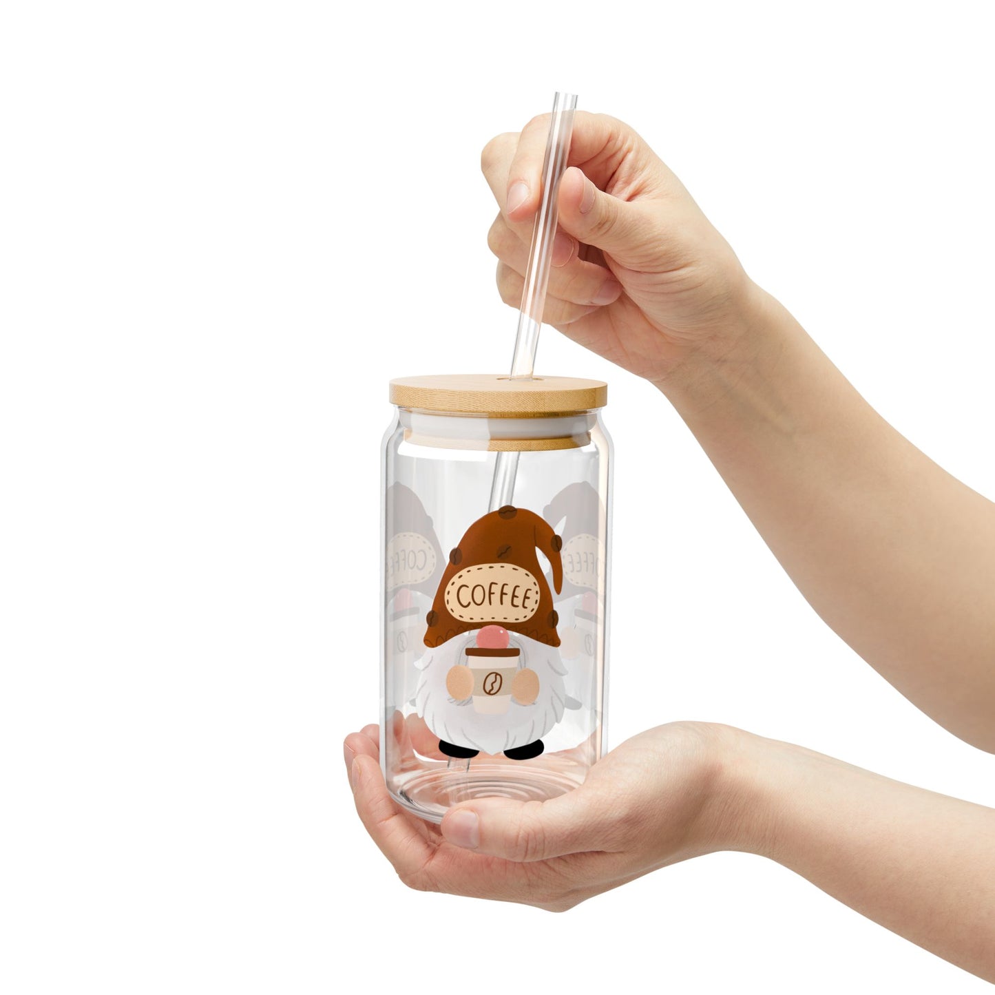 Gnome Coffee Sipper Glass, 16oz, Cute Drinkware, Coffee Lover Gift, Fun Kitchen Decor,  Eco-friendly Beverage Container