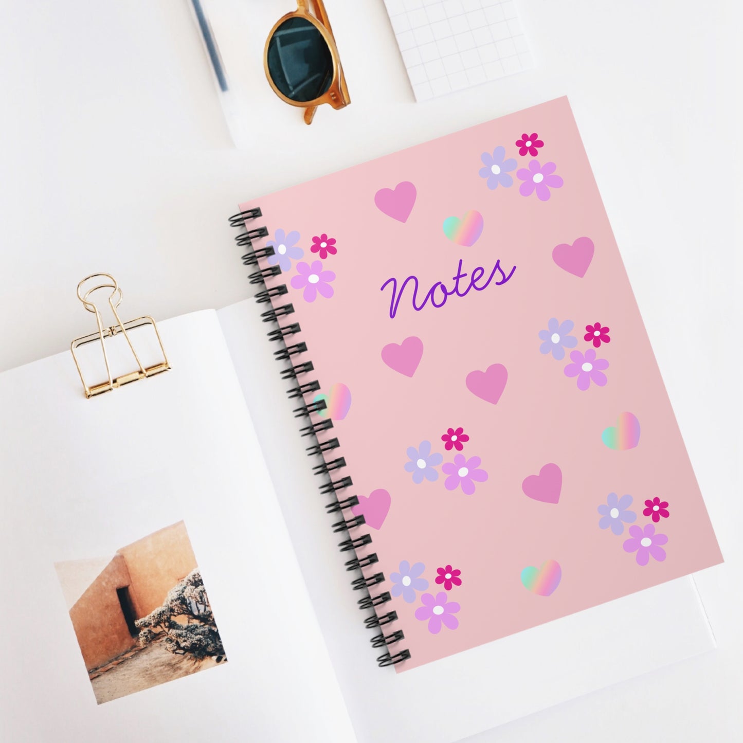 Cute Floral Spiral Notebook for Notes, Cute Stationery Gift, Journal for School, Cute Aesthetic Notebook, Pink Heart Notepad, Gift for Her