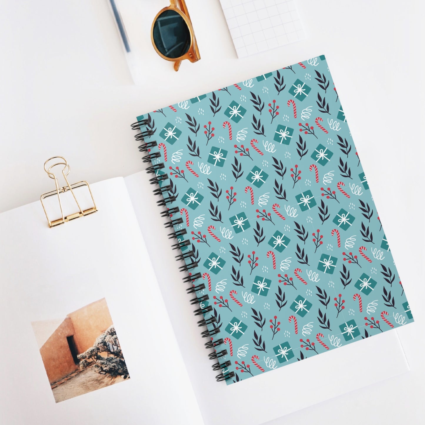 Holiday Gift Pattern Spiral Notebook – Teal Christmas Candy Cane & Berry Design