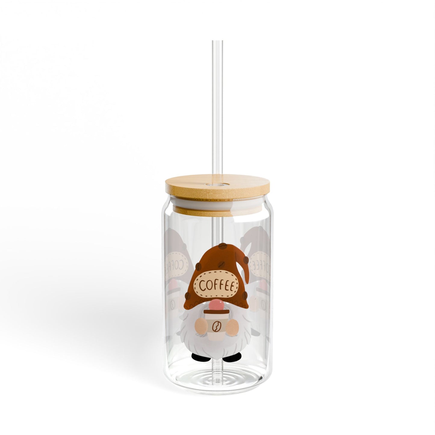 Gnome Coffee Sipper Glass, 16oz, Cute Drinkware, Coffee Lover Gift, Fun Kitchen Decor,  Eco-friendly Beverage Container