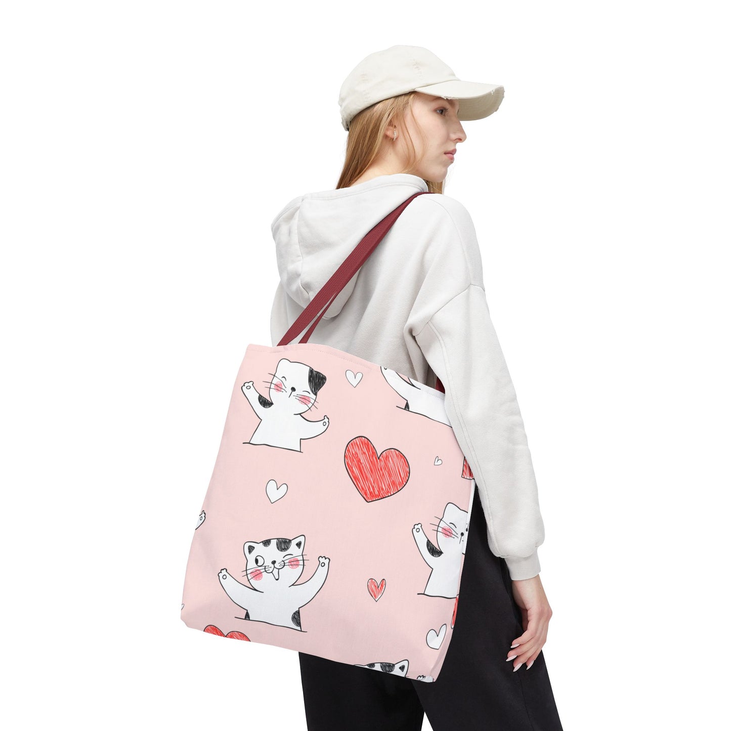 Cute Cat & Heart Canvas Tote Bag – Pink Reusable Shopping Bag for Cat Lovers
