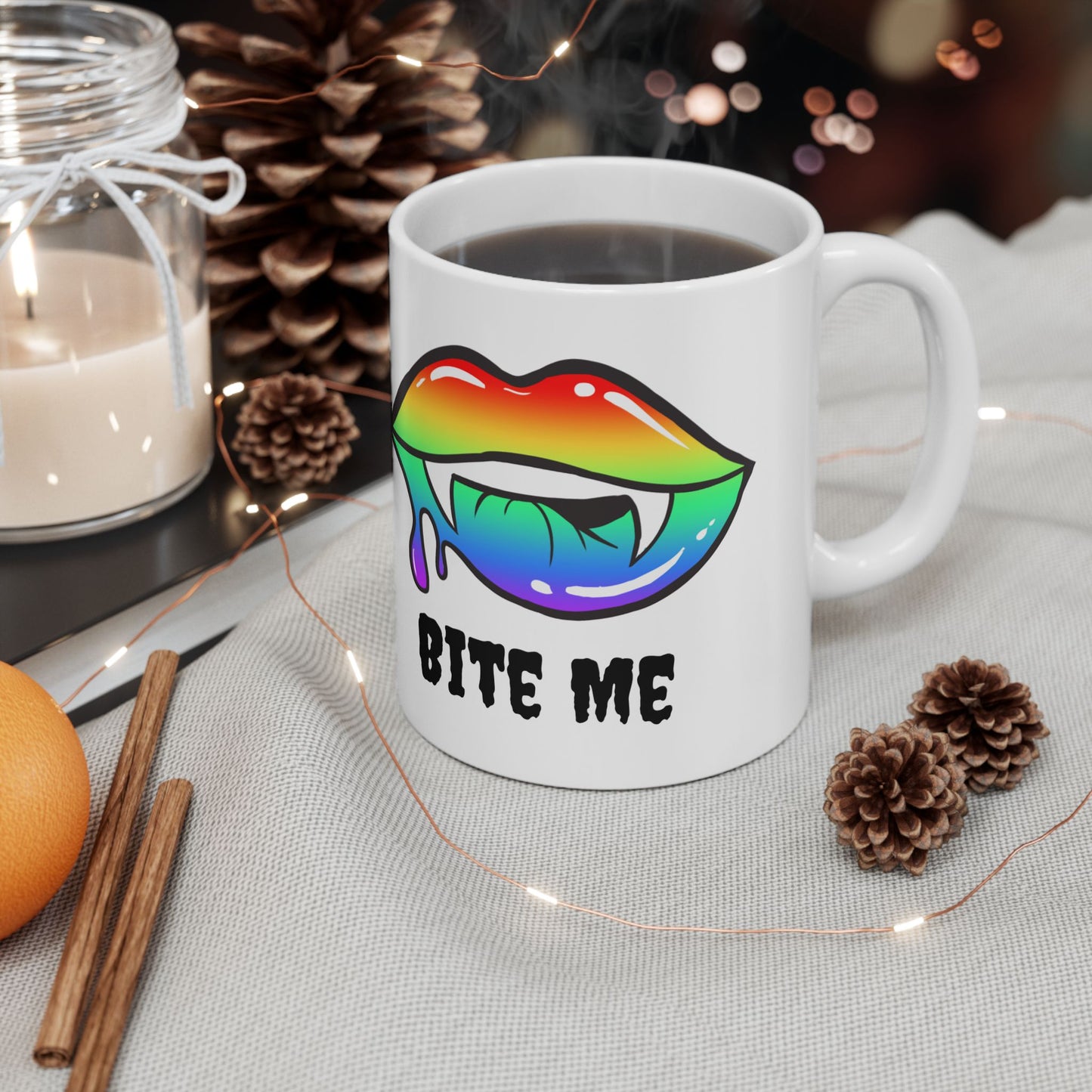 Colorful Vampire Fangs Ceramic Mug, Halloween Coffee Cup, Halloween Kitchen Decor, 11oz Mug, 15oz Mug, Spooky Fangs Mug