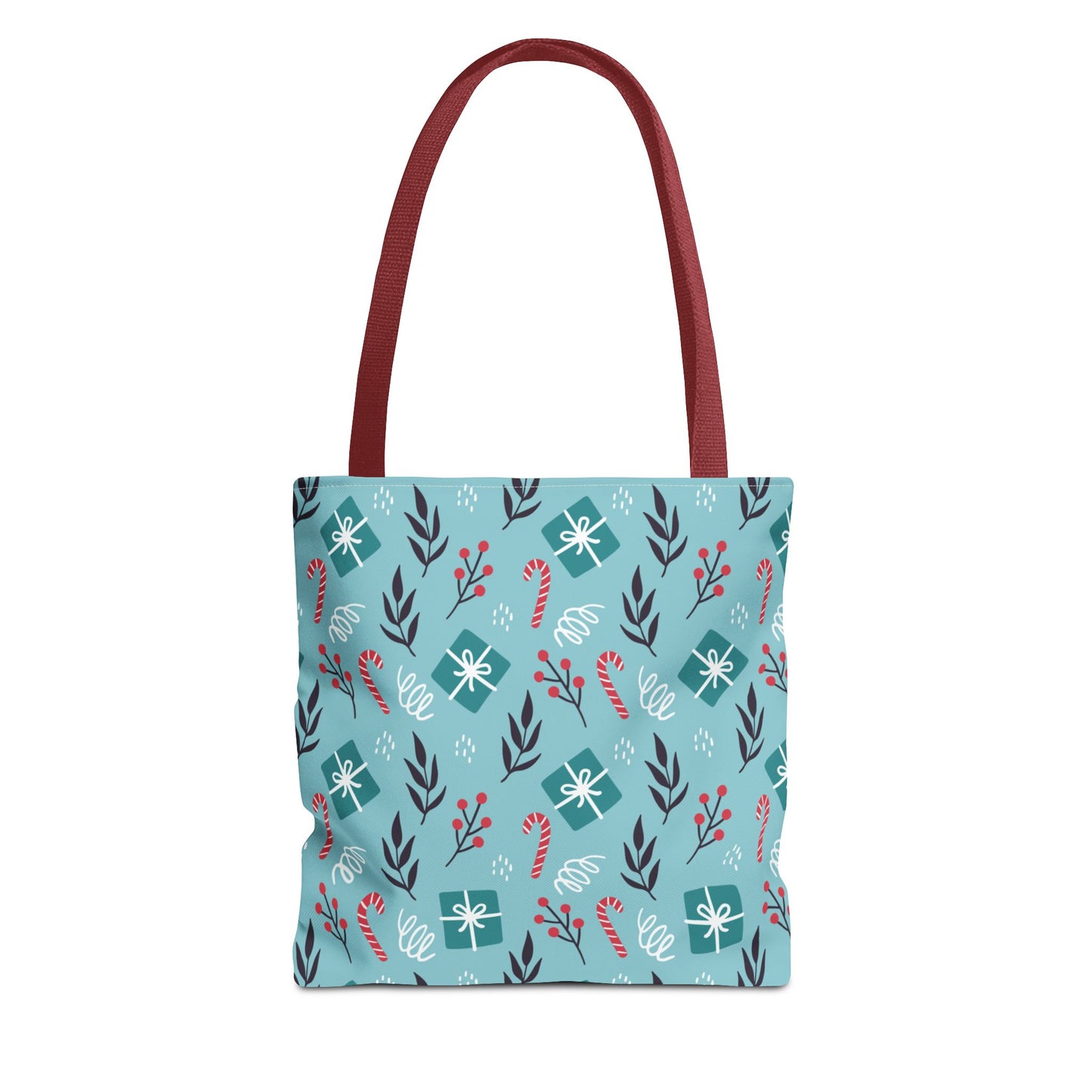 Holiday Gift Pattern Tote Bag – Teal Christmas Candy Cane & Berry Design