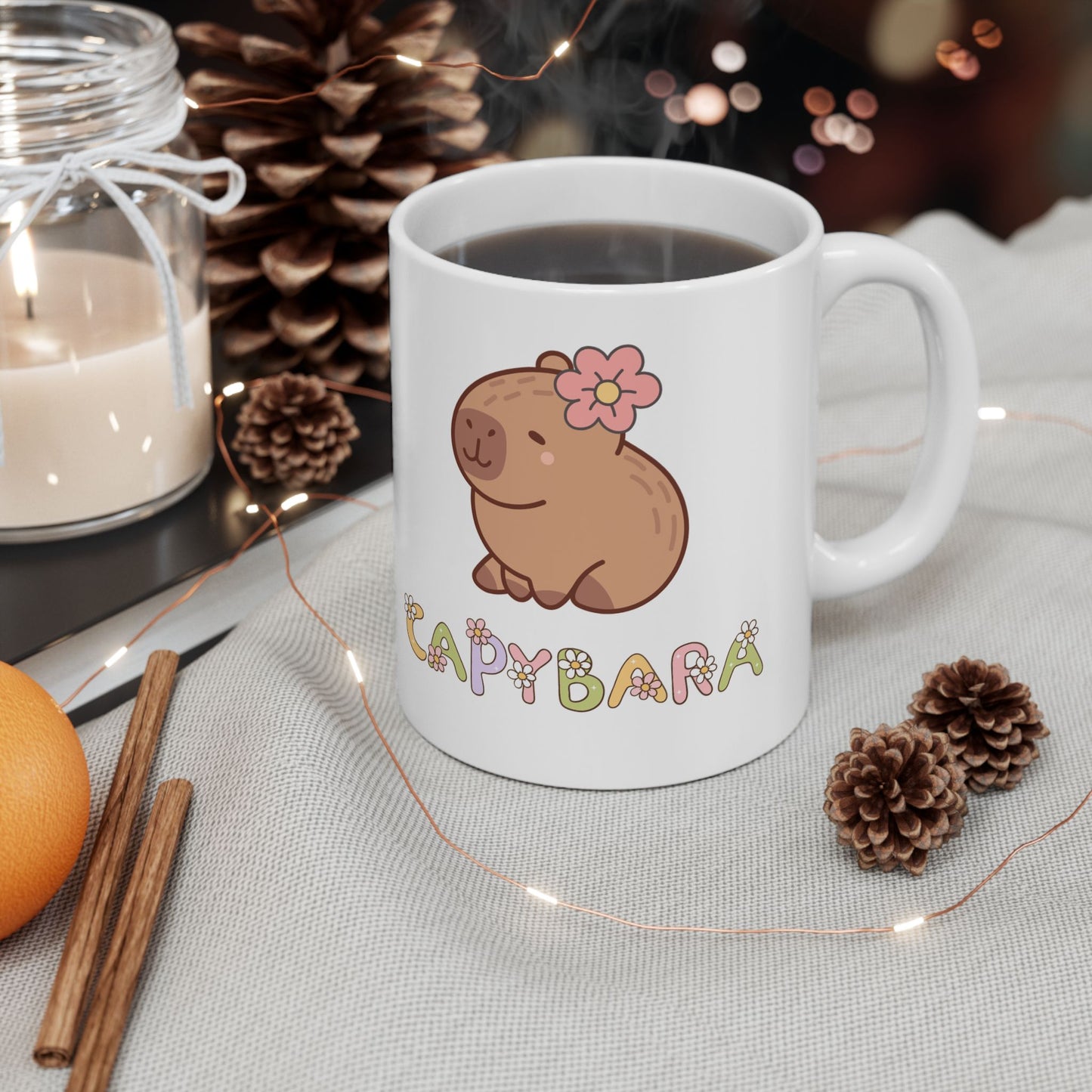 Cute Capybara Ceramic Mug with Floral Design